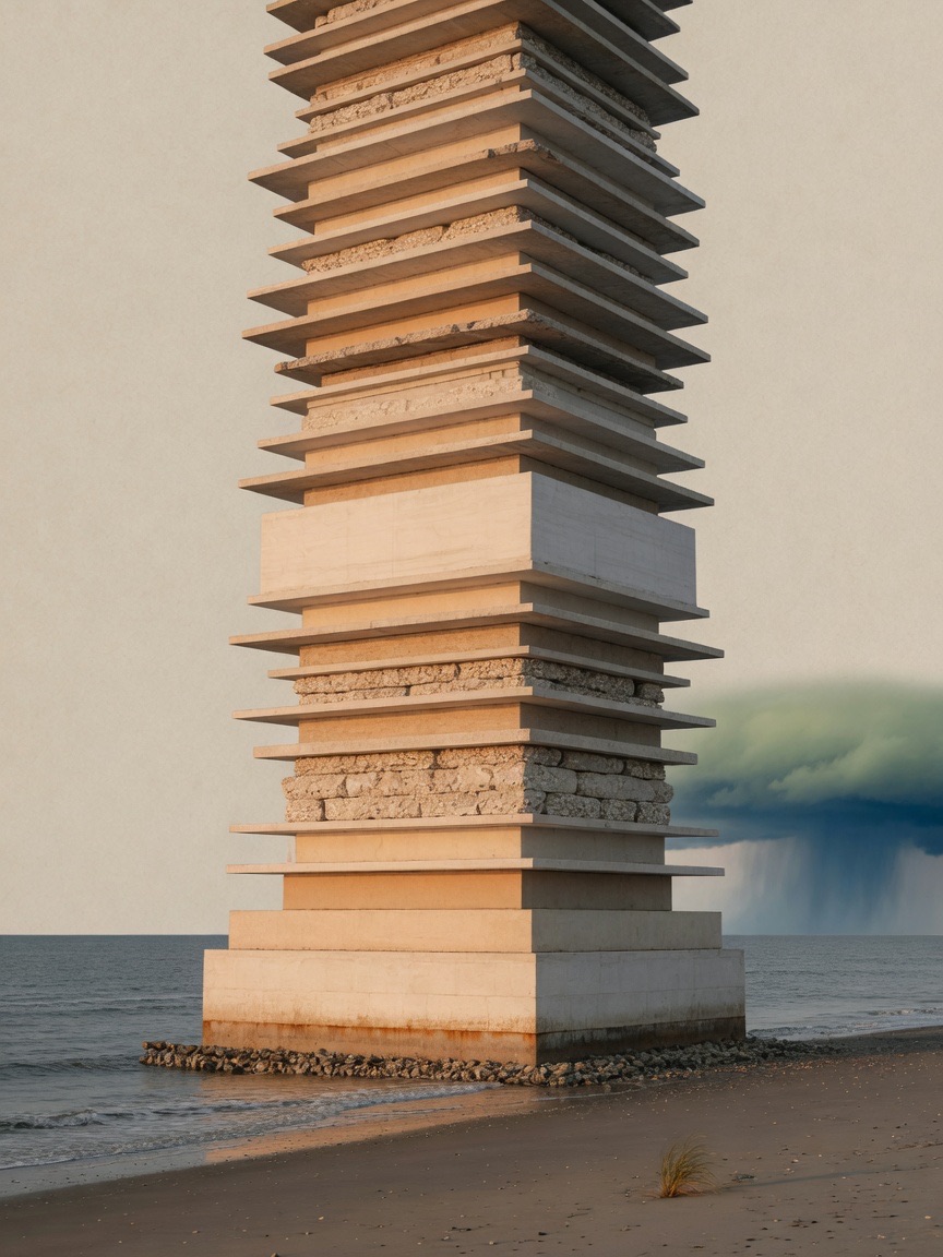 A stone risk tower on a shoreline, a storm sitting on the horizon.
